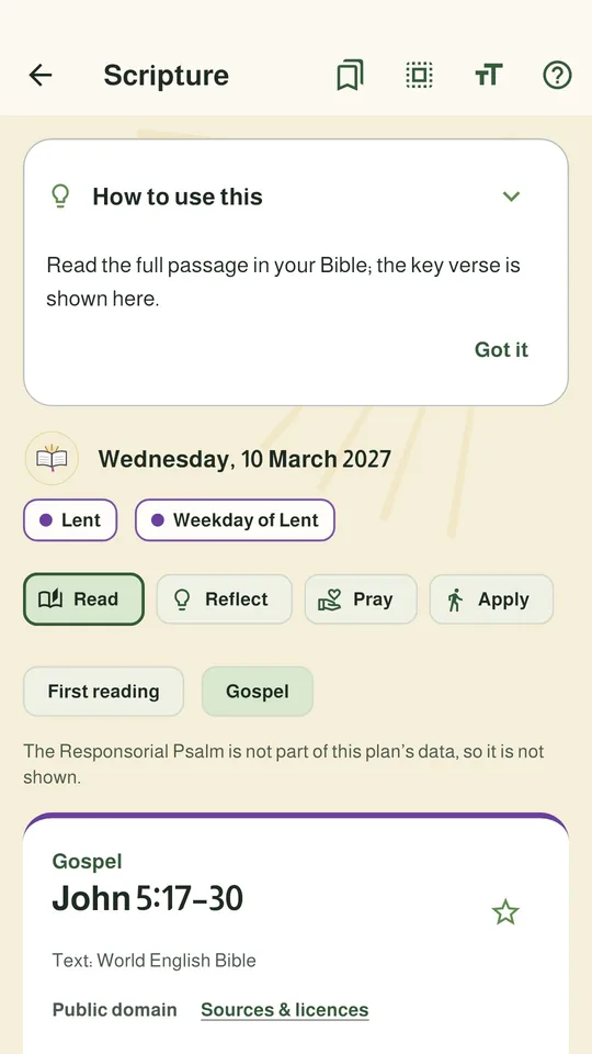 LuminaPath Scripture screen for Wednesday, March 10, 2027 in Lent, showing the Gospel John 5:17-30