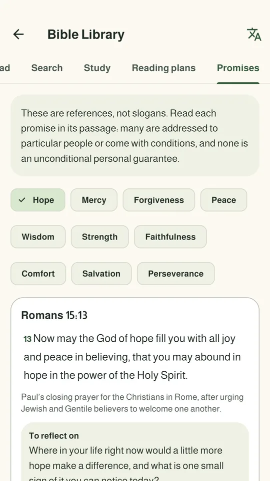 Bible Library promises: Romans 15:13 with a reflection question