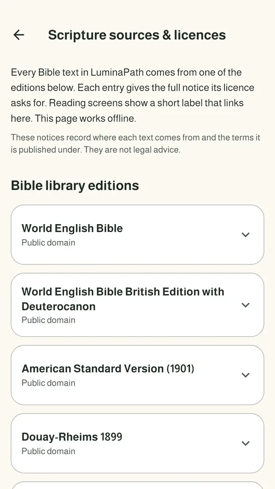 Scripture sources and licenses: every Bible edition with its license