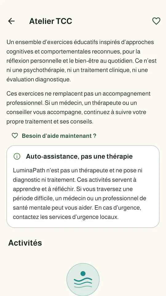 Atelier TCC : exercices éducatifs avec un avertissement clair « auto-assistance, pas une thérapie »