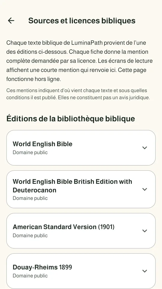 Sources et licences bibliques : chaque édition de la Bible avec sa licence